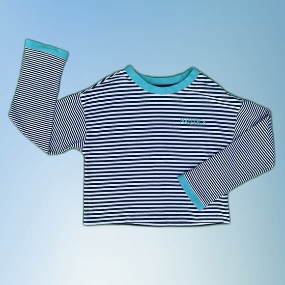 Vintage 90s y2k striped embroidered Nautica boxy cropped t-shirt M preppy casual - Picture 1 of 10